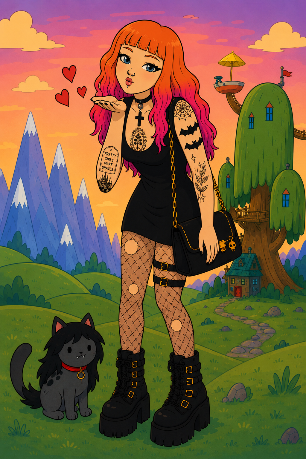 Mercy in a field of Ooo with Marceline the cat