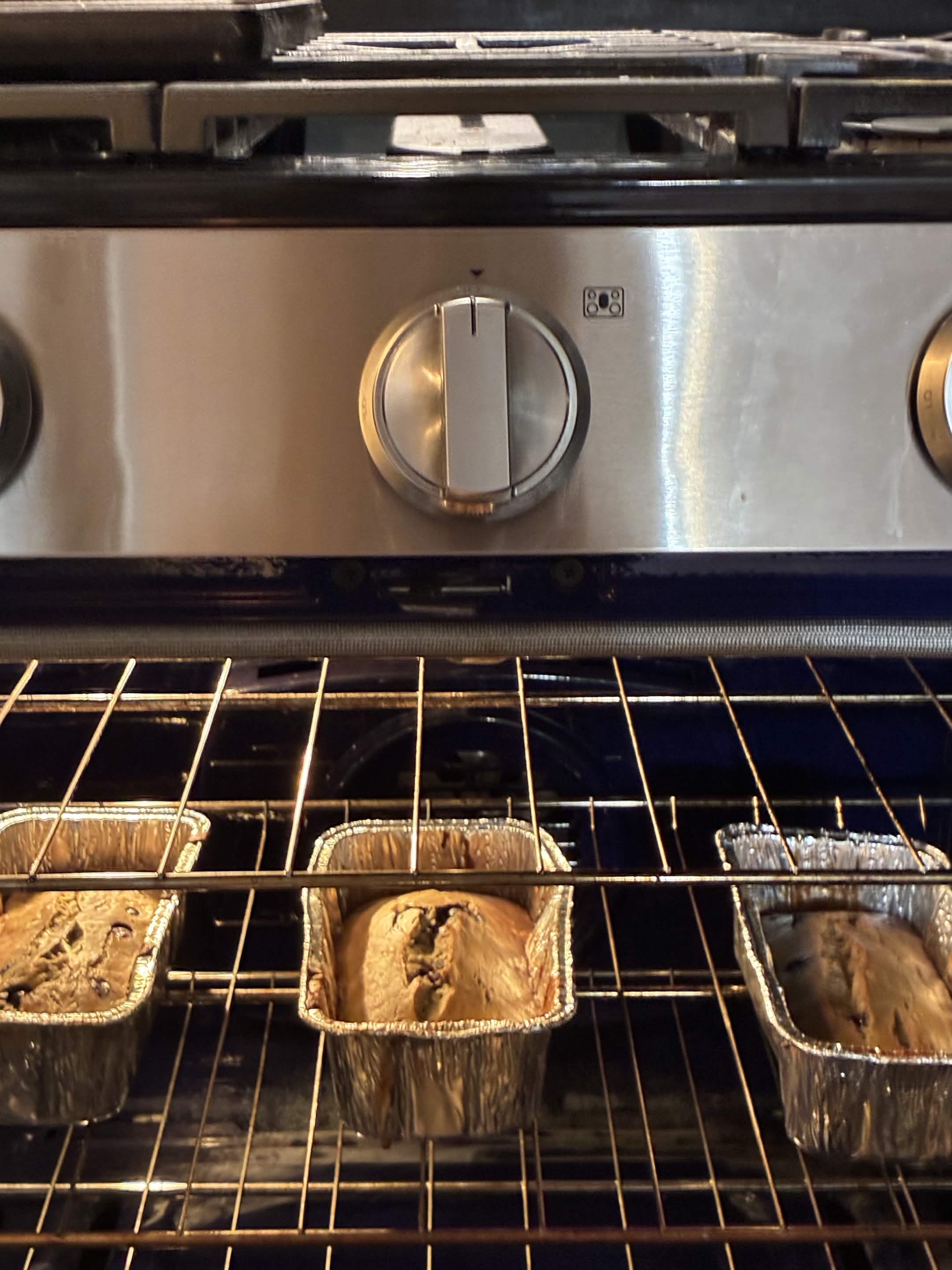 Loaves rising and browning through the oven door.